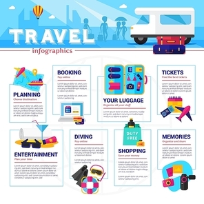 Travel planning organizing and spending infographics with blue header vector illustration