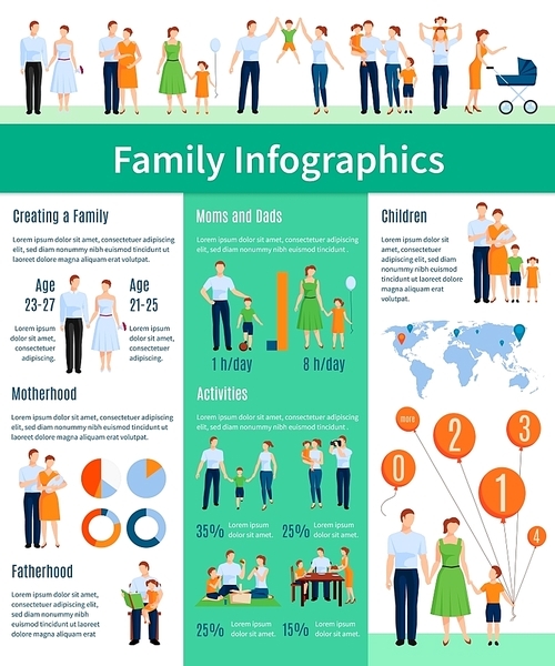 Family infographic set with motherhood and fatherhood symbols flat vector illustration