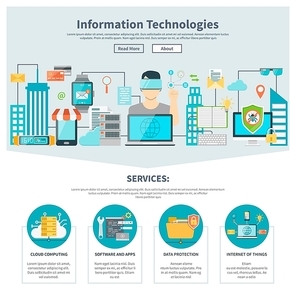 Information technologies one page website with digital equipment software internet services vector illustration