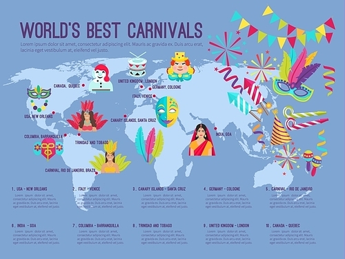 Color flat infographic depicting on the map worlds best carnivals with icons vector illustration