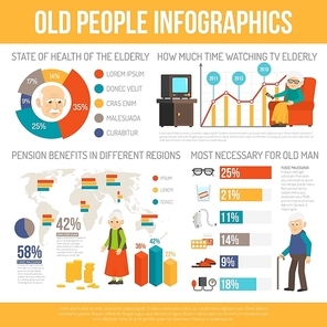 Old age benefits personal assistance and life expectancy  infographic report poster with diagrams flat abstract vector illustration