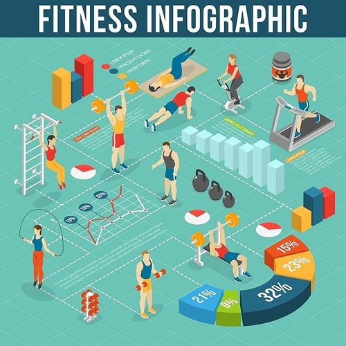 Fitness Infographic Set.Fitness Club Information. Fitness Isometric Set. Fitness Vector Illustration.