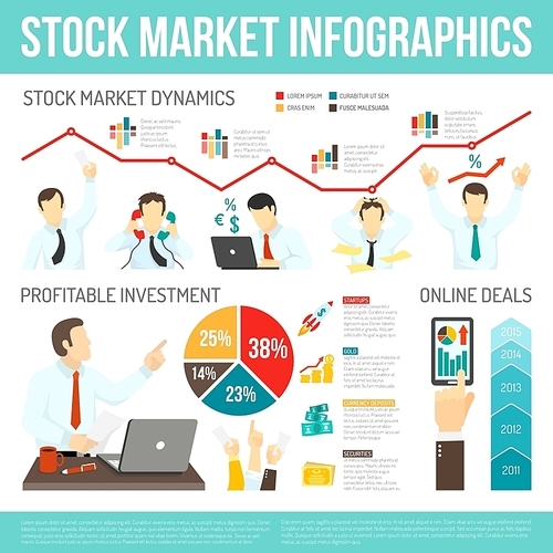 Stock market infographics with working traders money computer smartphone diagrams graphs statistics dynamics vector illustration
