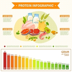 Informative poster on protein rich healthy nutrition with text diagram and infographic elements flat abstract vector illustration