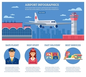 Airport infographics design template with description of safe flight best stuff fast delivery and best services vector illustration