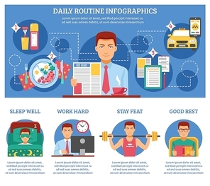 Man daily routine infographics with descriptions of sleep wall work hard stay feat and good rest vector illustration