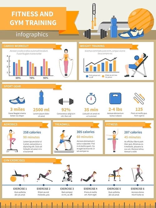 Fitness and gym training infographics presenting sport gear and describing exercises with pictures diagrams time and burnt calories flat vector illustration
