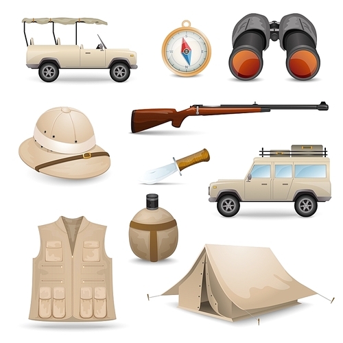 Safari icons for savanna  hunting with tourist  ammunition isolated vector illustration