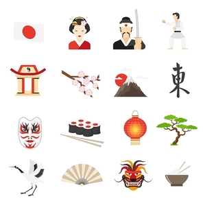 Japan icons set with sushi mountains and dragon symbols flat isolated vector illustration