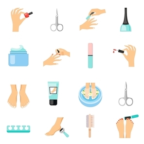 Manicure and pedicure flat Icons set with foot file nail varnish and clippers abstract isolated vector illustration