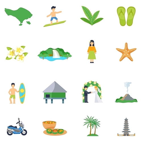 Set of flat icons about Bali with different types of entertainments and events isolated vector illustration