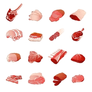 Meat products icons set with sausage ribs and fillet flat isolated vector illustration