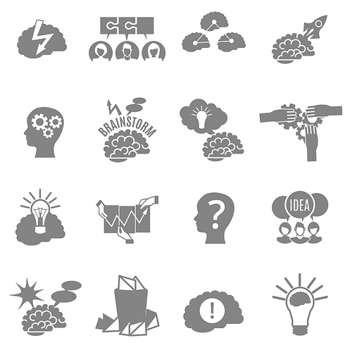 Set of flat monochrome brainstorm icons with brains lightbulbs ideas and other abstract elements isolated vector illustrarion