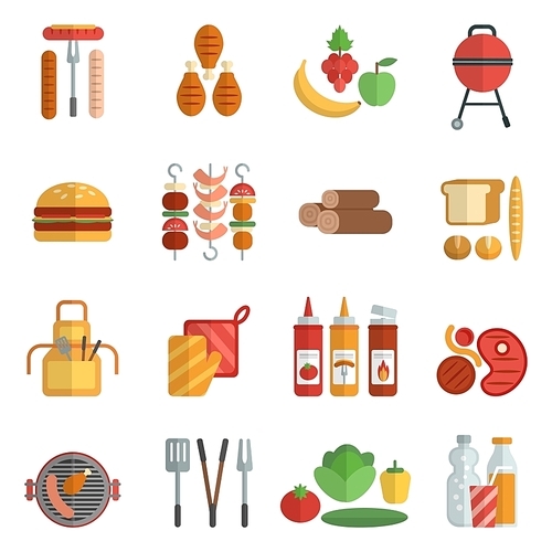 Bbq party flat icons set with frill meat picnic elements isolated vector illustration