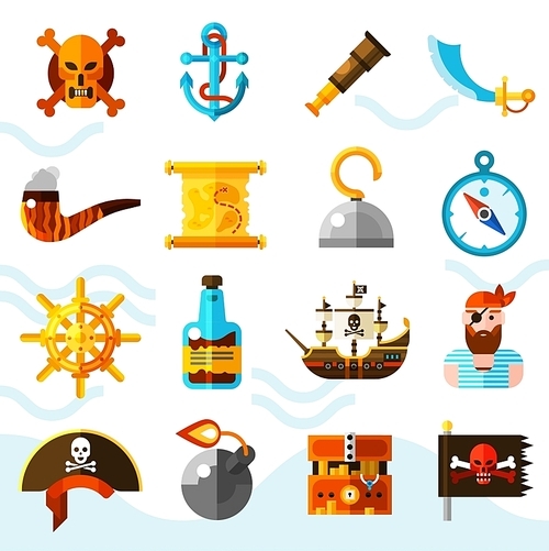 Pirates flat color icons set with wooden chest of gold anchor binoculars compass helm and black flag with red skull isolated vector illustration