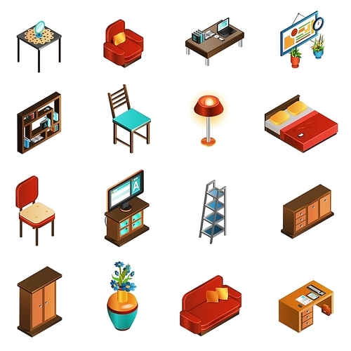 House interior isometric icons set with sofa table and chair isolated vector illustration