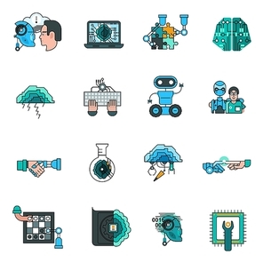 Artificial intelligence line icons set with technology symbols flat isolated vector illustration
