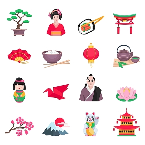 Japanese culture flat icons collection with tea ceremony sakura and paper crane symbols abstract isolated vector illustration