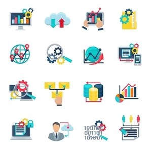 Big data analytics technology flat icons set with internet cloud and graphic analysis symbols abstract isolated illustration vector