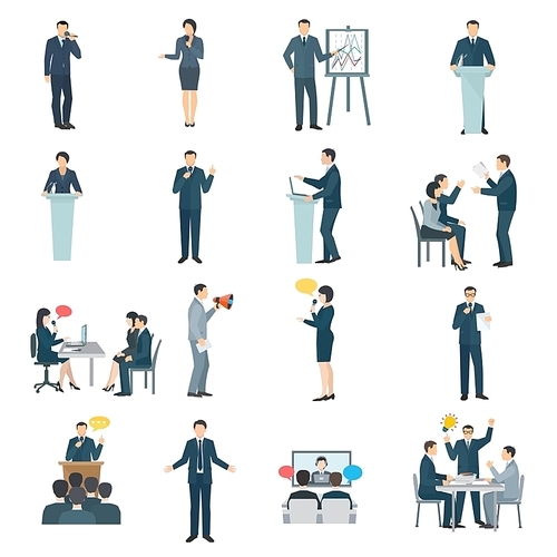 Public speaking skills flat icons collection with conference presentation visual aid and training abstract isolated illustration vector