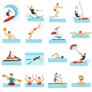 Flat decorative icons set of rowing swimming windsurfing waterpolo with people in water sport isolated vector illustration