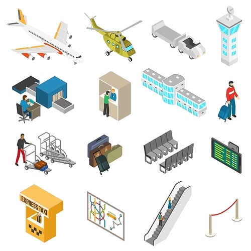 Isometric icons set of different airport elements from airplane and terminal to passenger and taxi isolated vector illustration