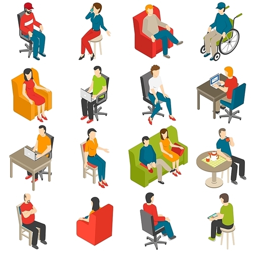 Isometric icon set of diverse people sitting on different chairs isolated vector illustration
