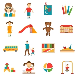 Icons set of different kindergarten objects and characters like toy or teacher flat isolated vector illustration