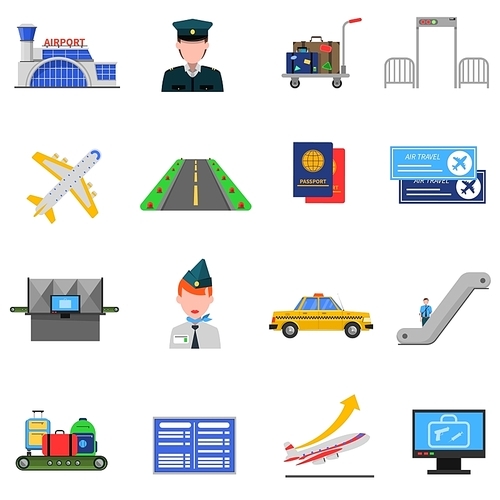 Airport icons set with plane and luggage symbols flat isolated vector illustration