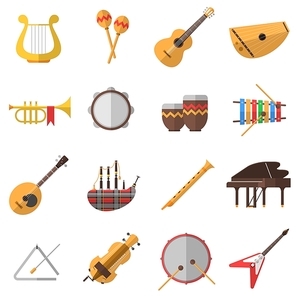 Musical instruments icons set with piano guitar and drums flat isolated vector illustration
