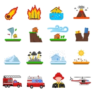 Natural disasters flat icons set with forest fire tsunami wave and earth quake symbols abstract isolated vector illustration
