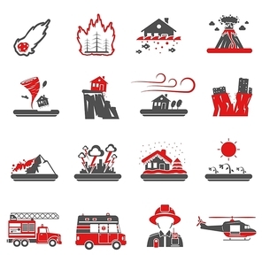 Natural disasters red black icons set with drought hazard and earth quake symbols abstract isolated vector illustration