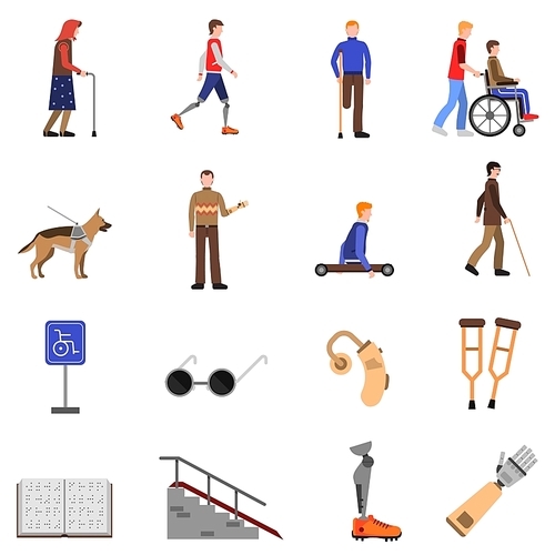 disabled people signs and accessories flat icons set with guide dog and . abstract isolated vector illustration