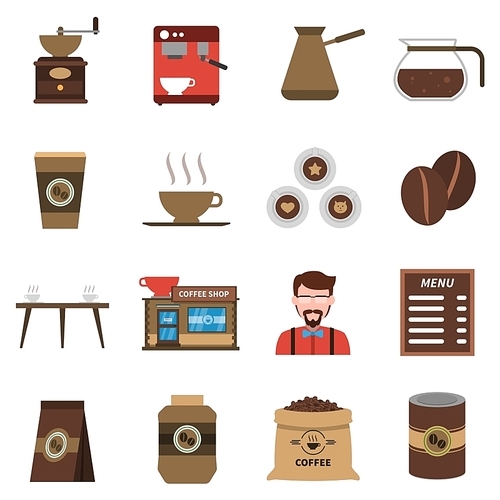 Classical coffee shop symbols with beans old style grinder and barmen flat icons collection abstract isolated illustration vector