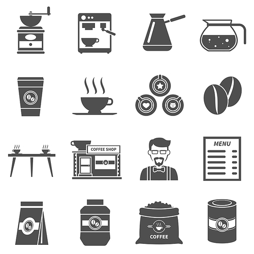 Coffee shop or cafe bar black icons set with menu and cappuccino cups abstract isolated illustration vector