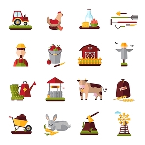 Peasant farm household flat icons collection with domestic cattle  animals and crops growing equipment abstract isolated vector illustration