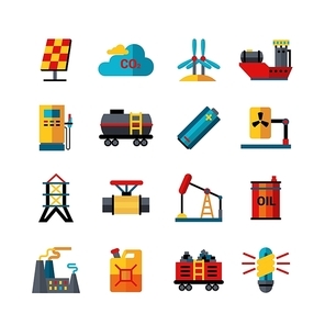 Energy industry oil electricity and fuel production and transportation flat icons collection abstract isolated vector illustration