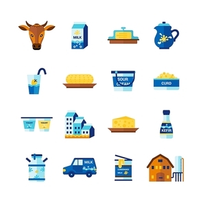 Milk farm ecological dairy fresh products delivery flat icons set with cottage cheese abstract isolated vector illustration