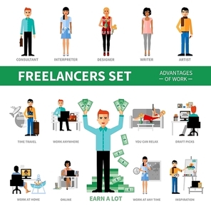 Freelancers set with advantages of work including icons of specialists vector  illustration