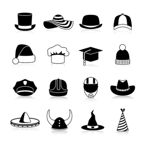 Hats and caps black icons set of motorcycle helmet bowler  baseball cap straw hat halloween and cowboy hats clown and winter sports caps isolated vector illustration