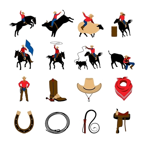 Rodeo flat color icons with rodeo cowboys riding on bulls and bronco isolated vector illustration