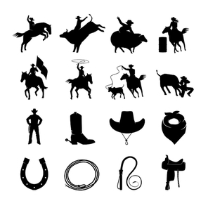 Rodeo black icons with cowboys silhouettes riding on bulls and wild horses and rodeo accessories isolated vector illustration