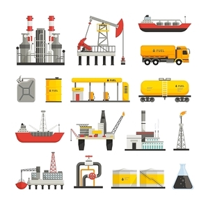 Different transports constructions and factories of oil petrol industry flat icons set isolated vector illustrations