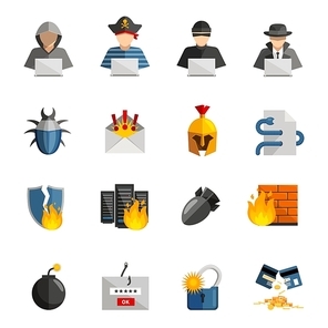 Hacker flat color icons set of bug firewall worm phishing  signs and broken credit card isolated vector illustration