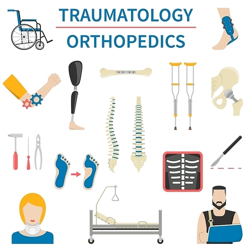 Flat traumatology and orthopedics icons with patients medical instruments prosthesis and other bone traumas isolated vector illustrations