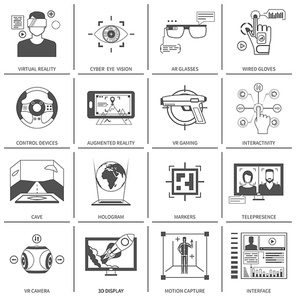 Black and white flat icons set of technological devices for virtual augmented reality isolated vector illustration