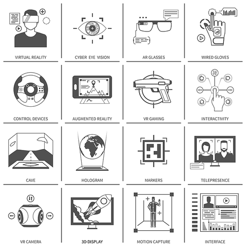 Black and white flat icons set of technological devices for virtual augmented reality isolated vector illustration