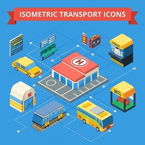 Passenger transportation isometric flowchart with municipal and city transport ticket station building passenger accessories isolated vector illustration