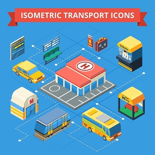 Passenger transportation isometric flowchart with municipal and city transport ticket station building passenger accessories isolated vector illustration