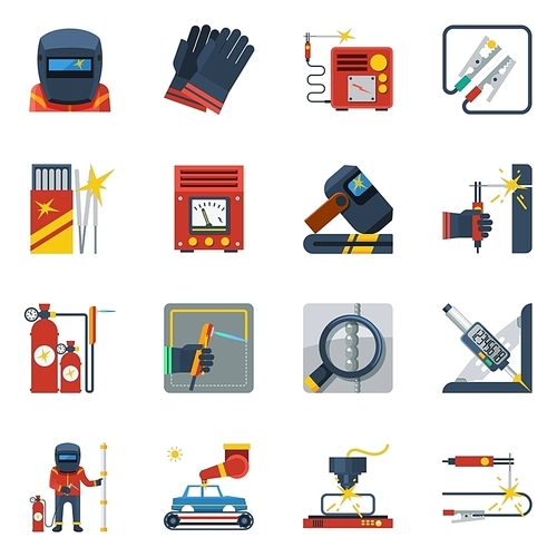 Welding flat color icons set of gas cylinders rubber gloves helmet gas burner isolated vector illustration
